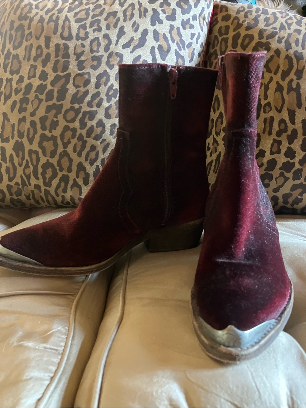 Free People Burgundy Velvet Ankle Boots with Silver Toe